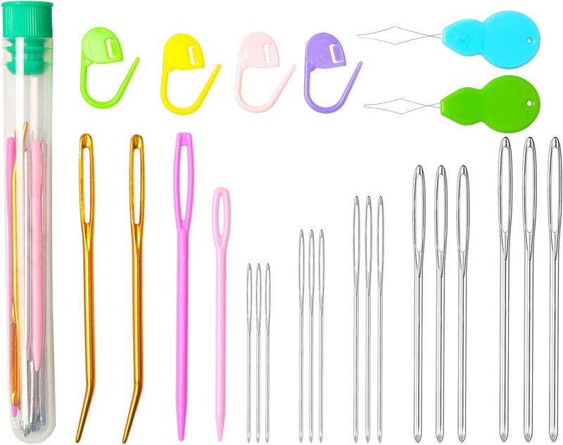 HEKISN 25Pcs Large Eye Blunt Yarn Needles kit, Assorted Sizes Bent Tapestry Darning Needle, Sewing Needles with Needle Threaders & Stitch Markers for Knitting Crochet (Green) - Image 1